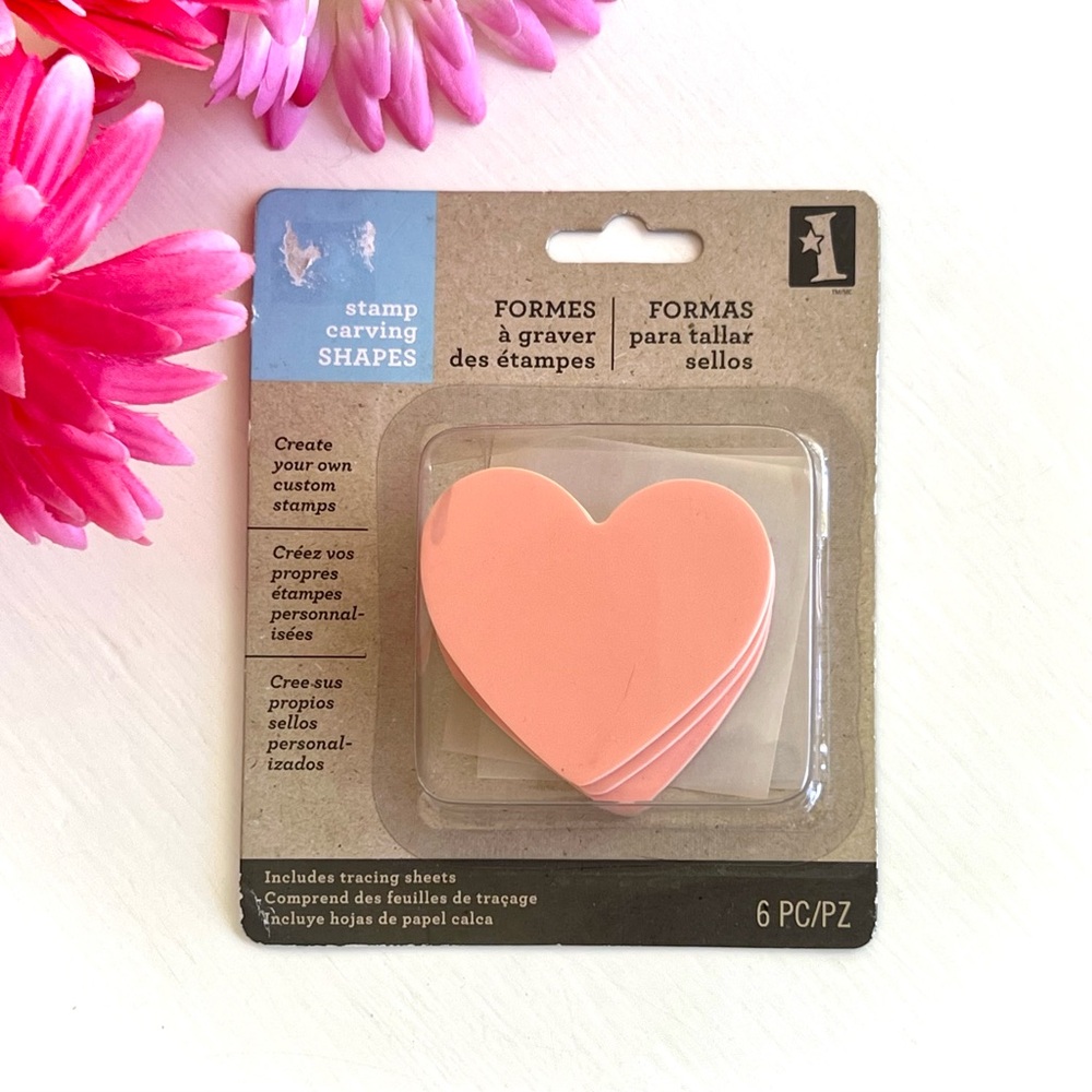 NEW Inkadinkado Heart Stamp Carving Shapes Set of 3 Pink Stamps 3 Tracing Sheets